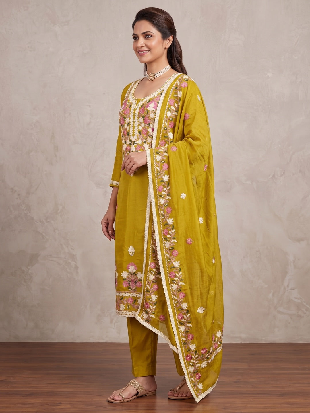 Peachmode Mustard Floral Embroidered Roman Silk Dress Material - Image 5