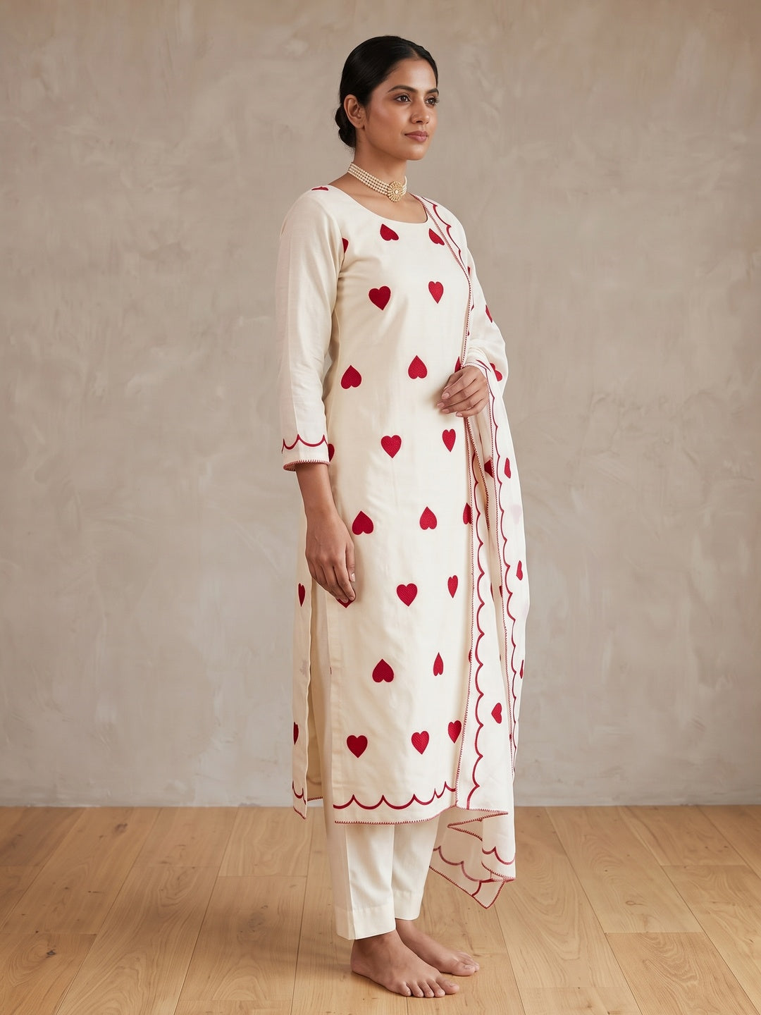 Peachmode Cream Heart Embroidered Roman Silk Dress Material - Image 5