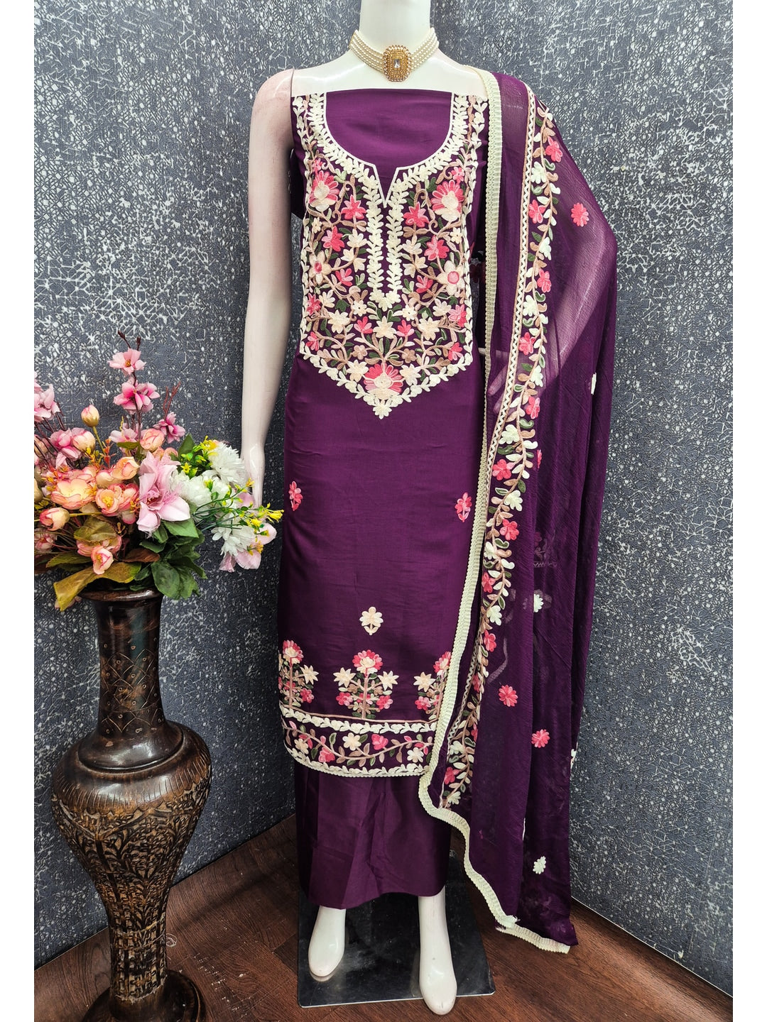 Peachmode Purple Floral Embroidered Roman Silk Dress Material - Image 2