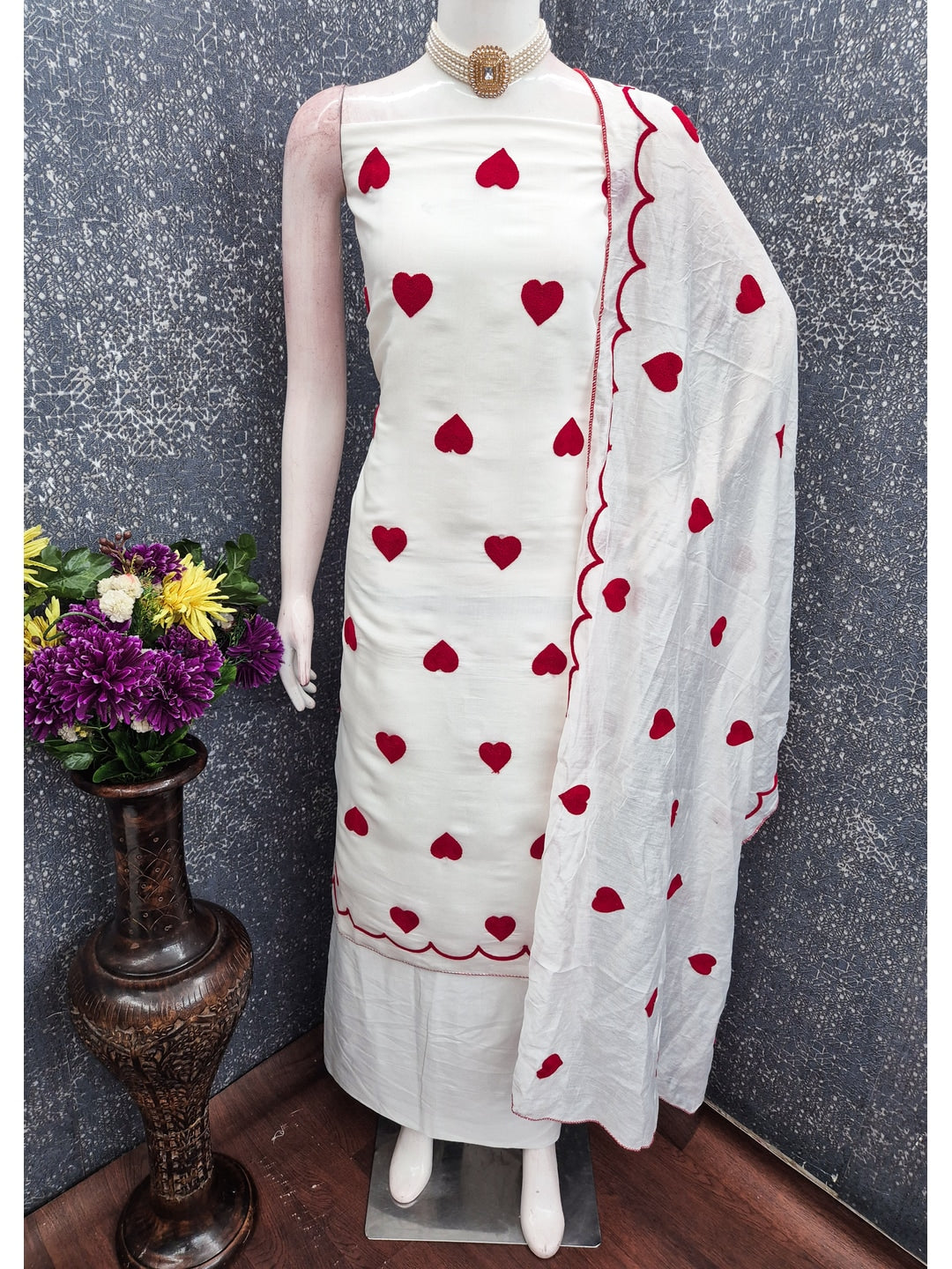Peachmode White Heart Embroidered Roman Silk Dress Material - Image 2