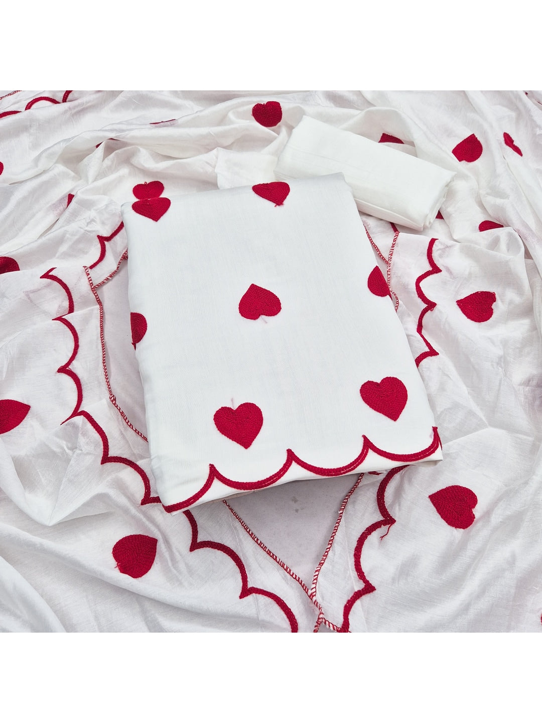 Peachmode White Heart Embroidered Roman Silk Dress Material - Image 3