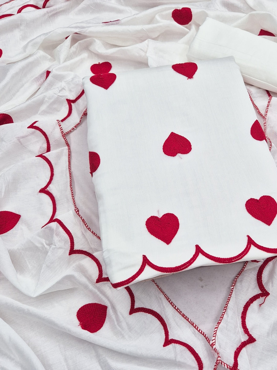 Peachmode White Heart Embroidered Roman Silk Dress Material - Image 4