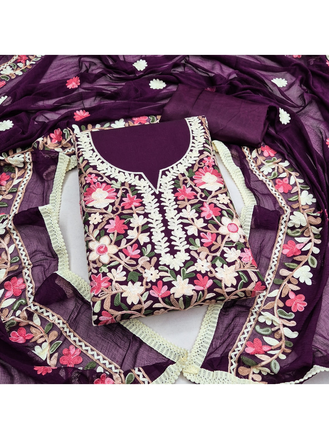 Peachmode Purple Floral Embroidered Roman Silk Dress Material - Image 4