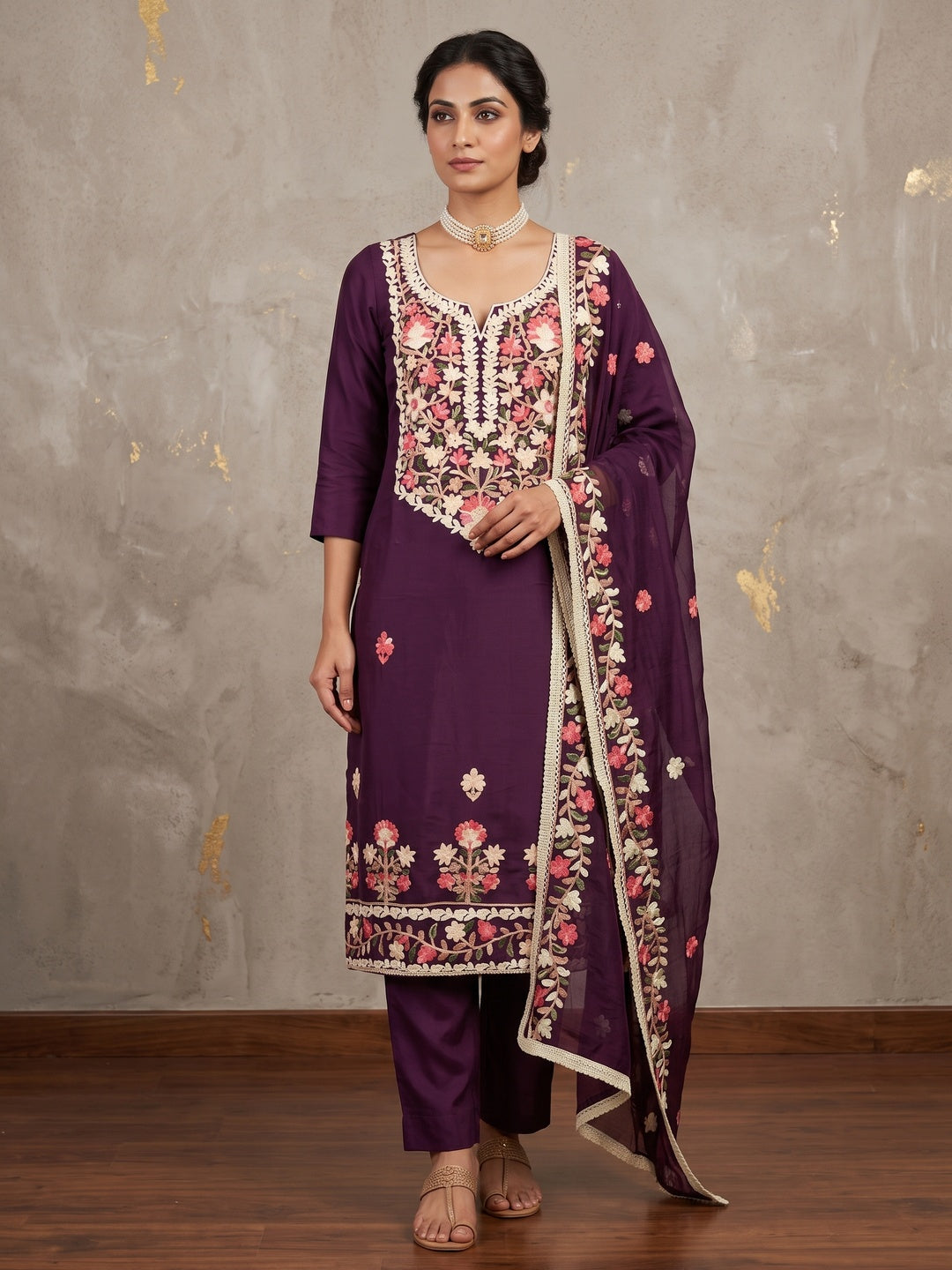Peachmode Purple Floral Embroidered Roman Silk Dress Material - Image 1