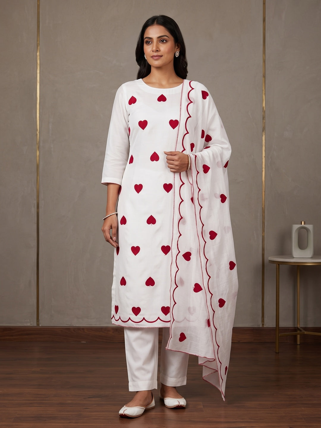 Peachmode White Heart Embroidered Roman Silk Dress Material - Image 1