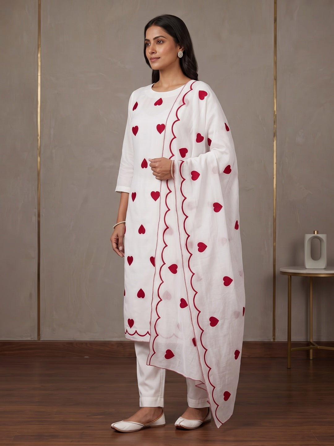Peachmode White Heart Embroidered Roman Silk Dress Material - Image 5
