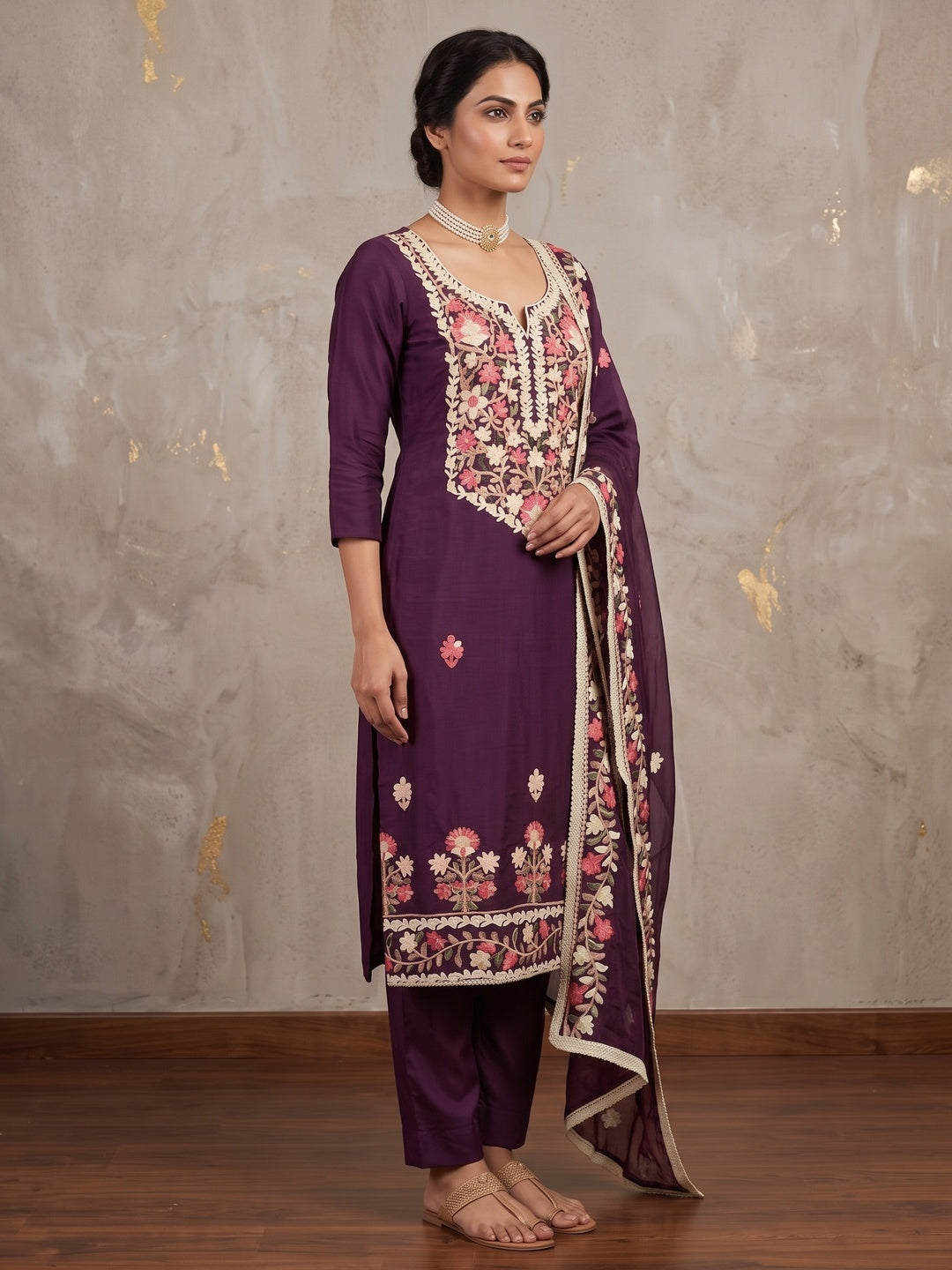 Peachmode Purple Floral Embroidered Roman Silk Dress Material - Image 5