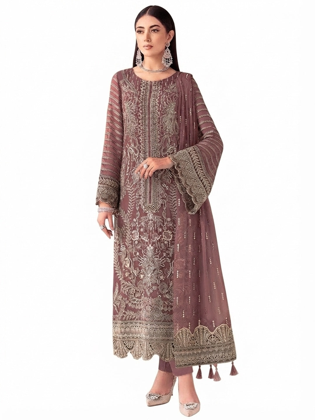 Elegant Pink Embroidered Georgette Semi-Stitched Pakistani Salwar Suit - Flat lay