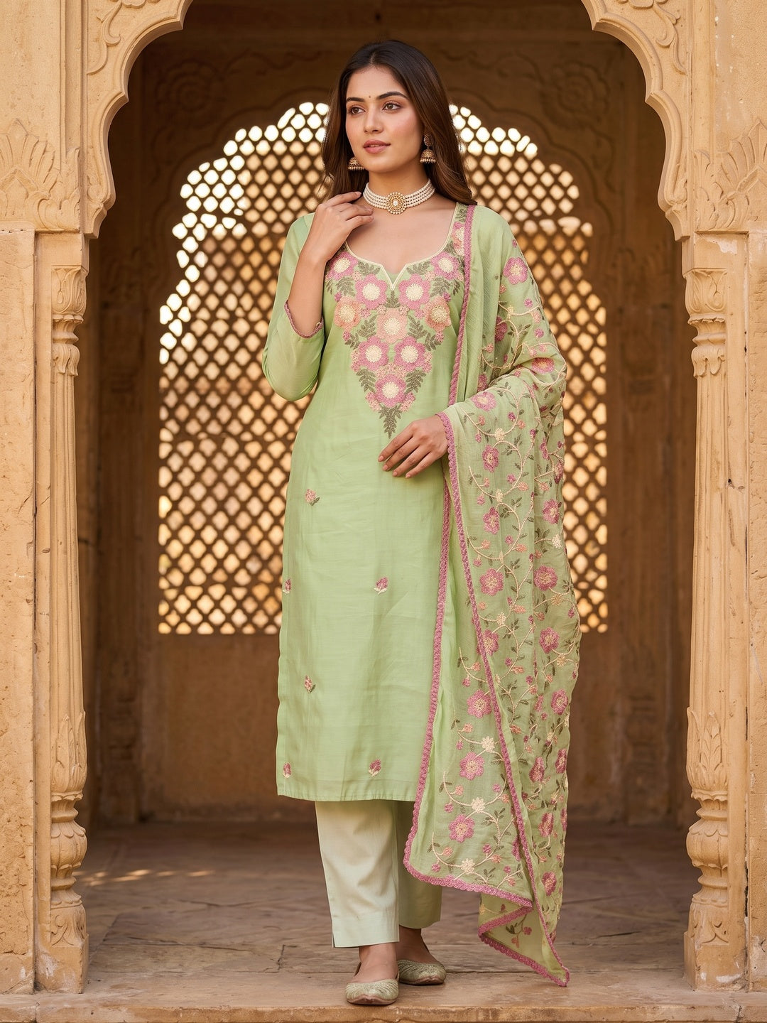 Peachmode Green Floral Embroidered Roman Silk Dress Material - Image 1