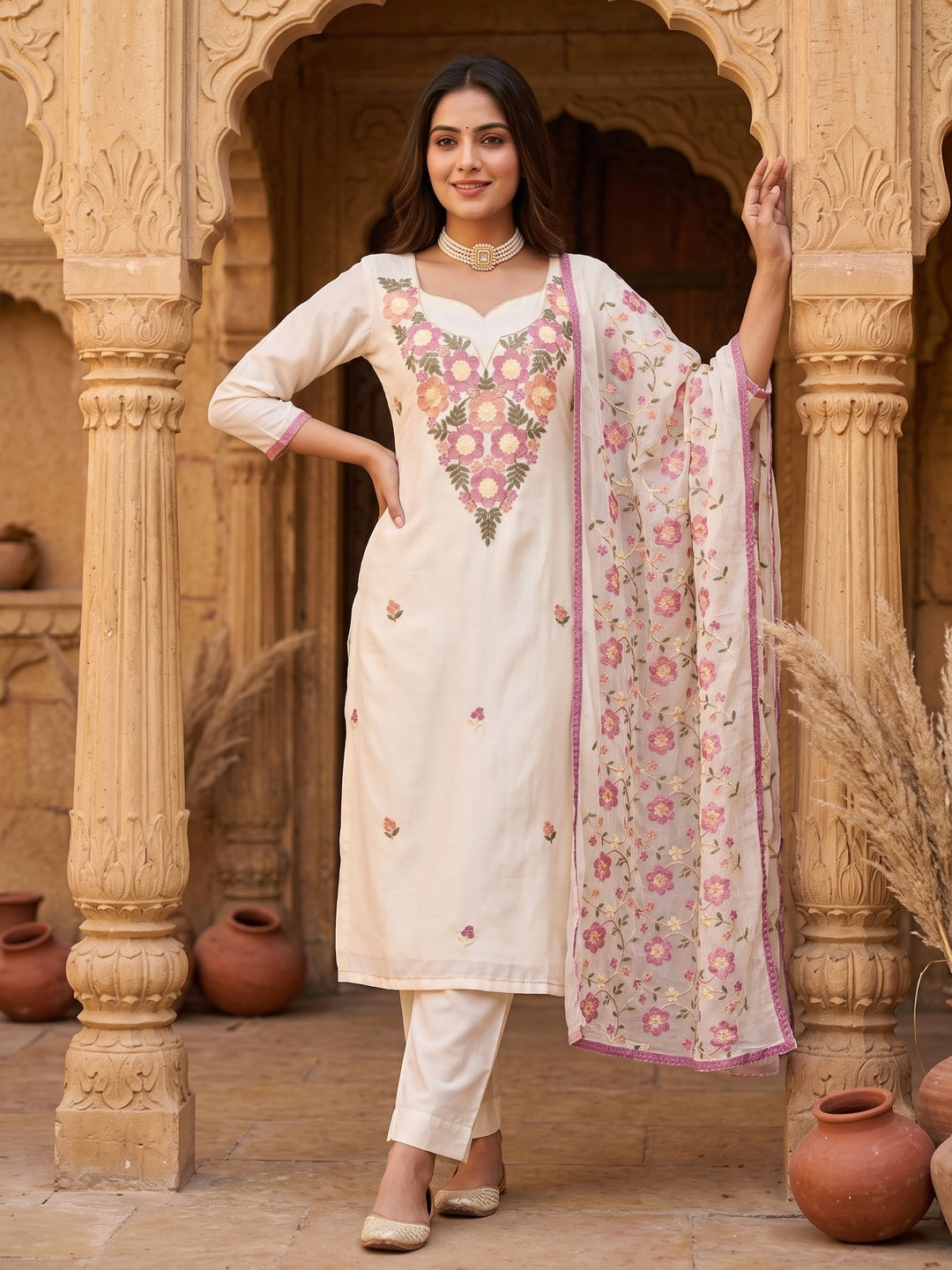 Peachmode Cream Floral Embroidered Roman Silk Dress Material - Image 1