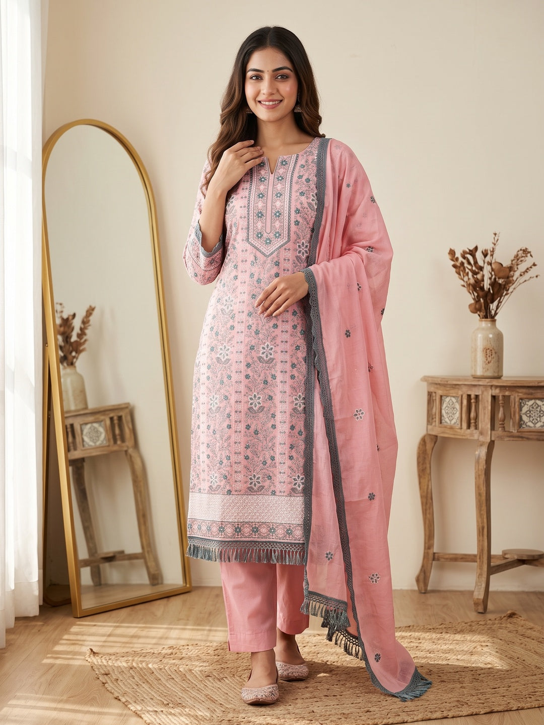 Pink Floral Embroidered Pure Cotton Dress Material - Image 1