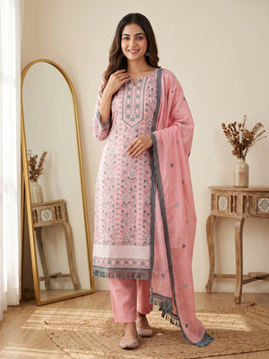 Pink Floral Embroidered Pure Cotton Dress Material - Image 1