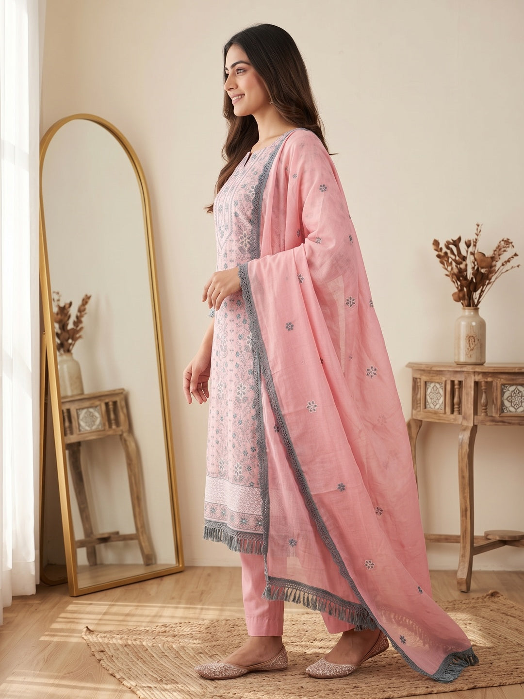 Pink Floral Embroidered Pure Cotton Dress Material - Image 4