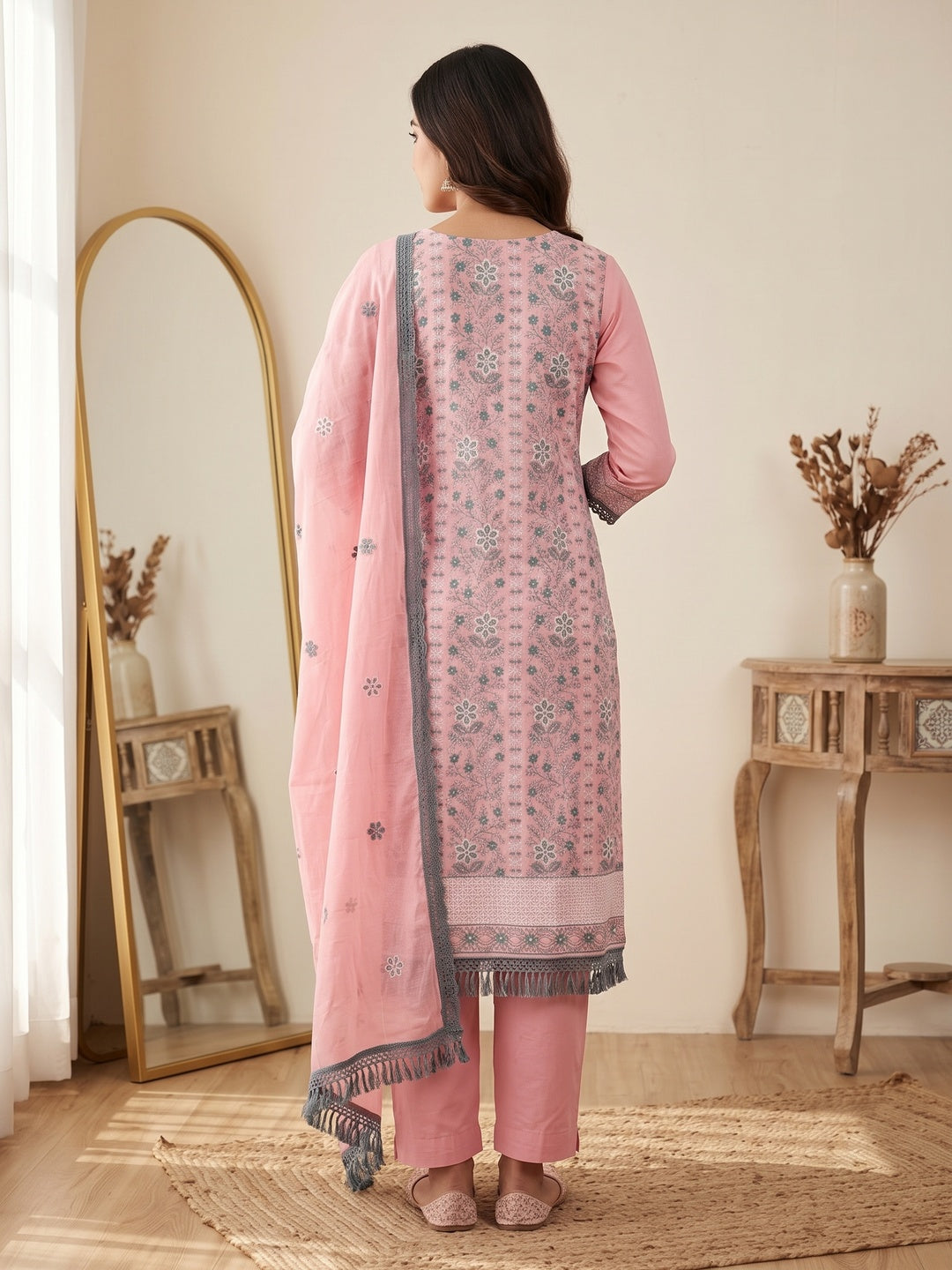 Pink Floral Embroidered Pure Cotton Dress Material - Image 6
