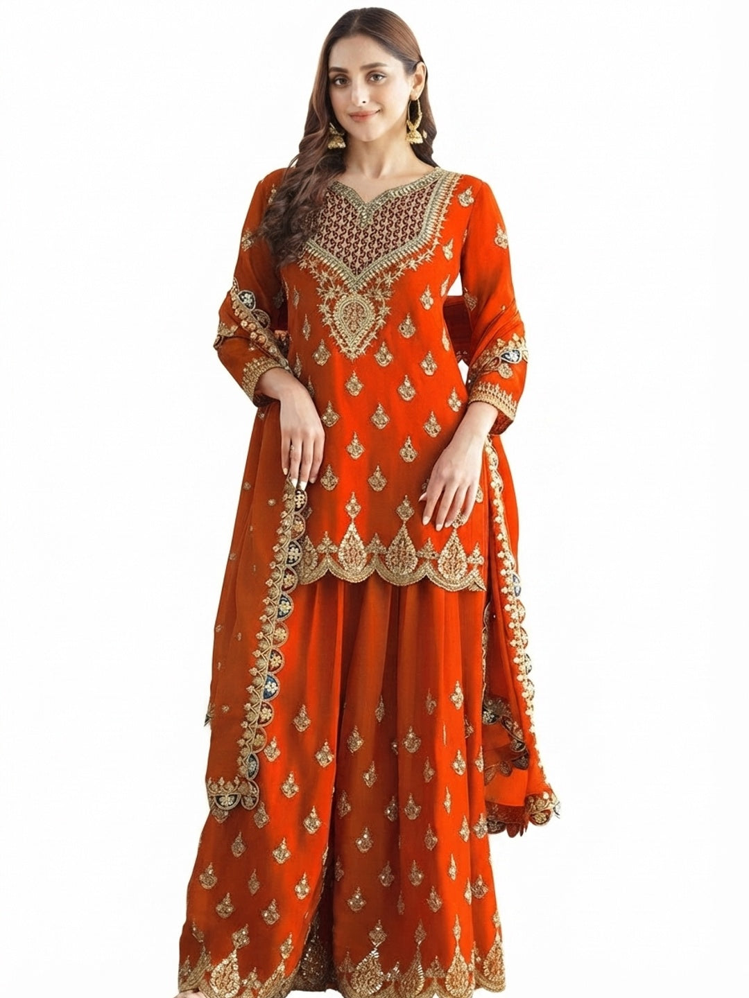 Orange Sequins & Thread Embroidered Chinon Semi-Stitched Dress Material - Flat lay