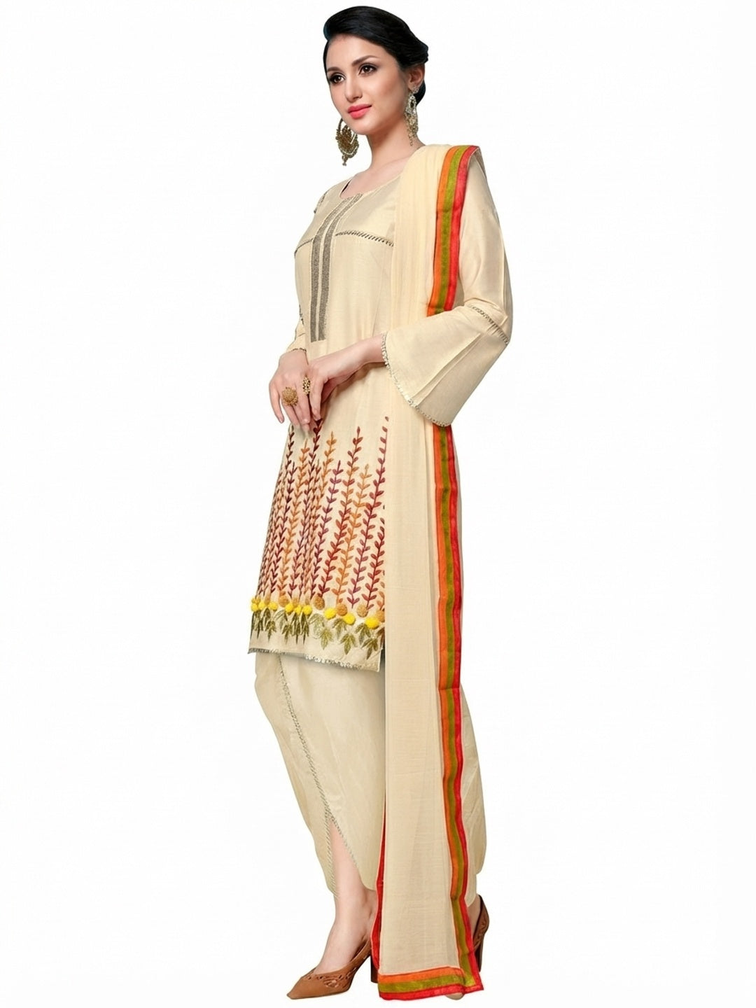 Attractive Cream Colored Partywear Embroidered Cotton Dress Material - Flat lay
