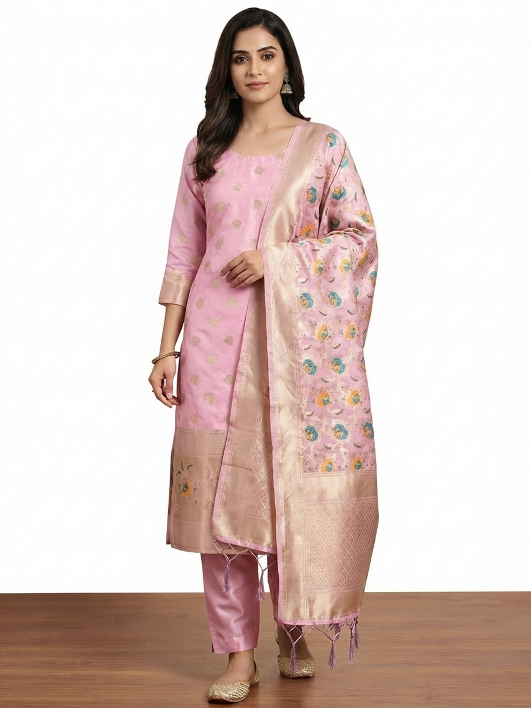 Baby Pink Floral Woven Banarasi Silk Dress Material - Image 4