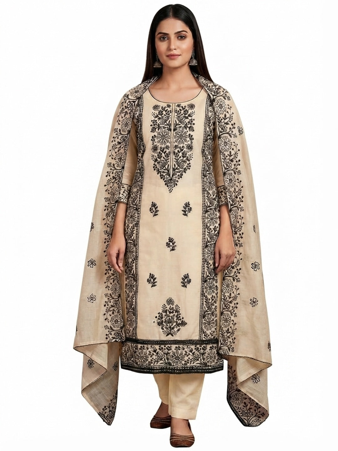 Cream Floral Embroidered Chanderi Dress Material - Flat lay