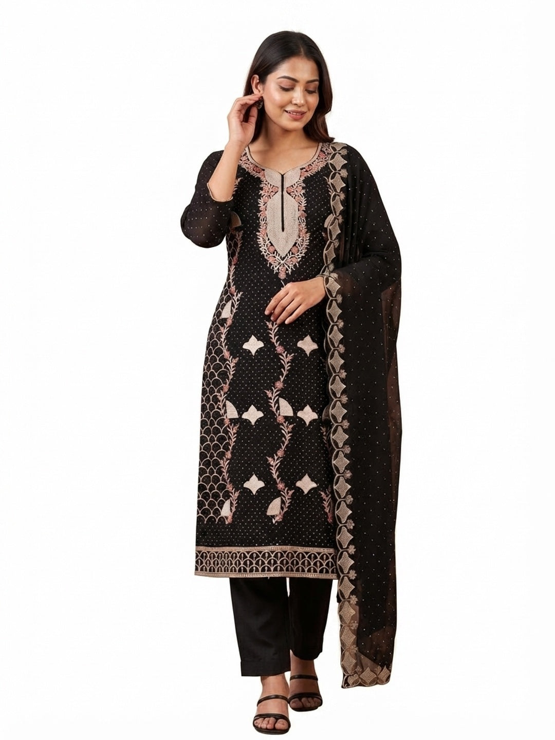 Black Georgette Dress Material With Exquisite Floral Embroidery And Stonework - Flat lay