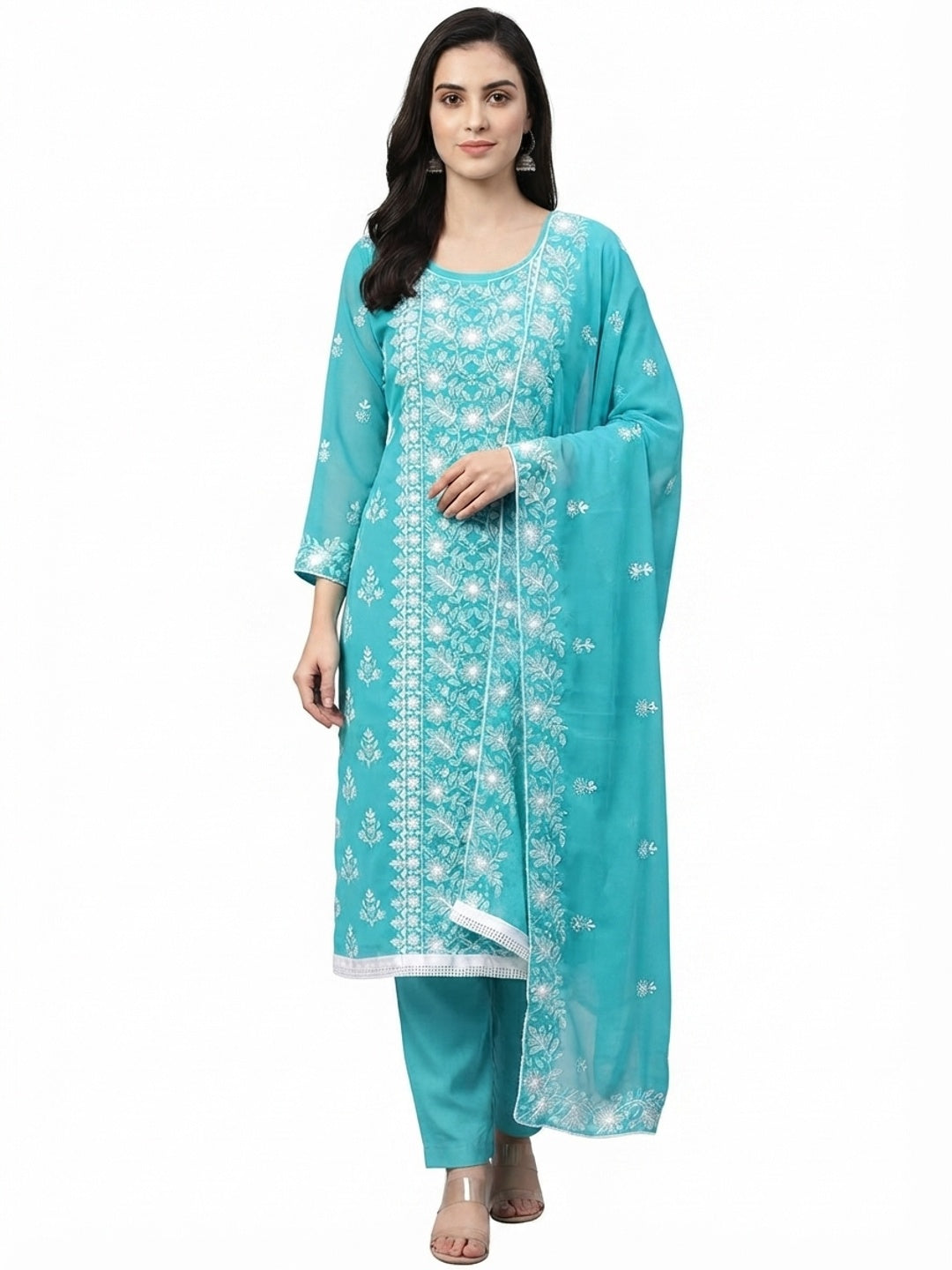 Turquoise Floral Embroidered Georgette Dress Material - Flat lay