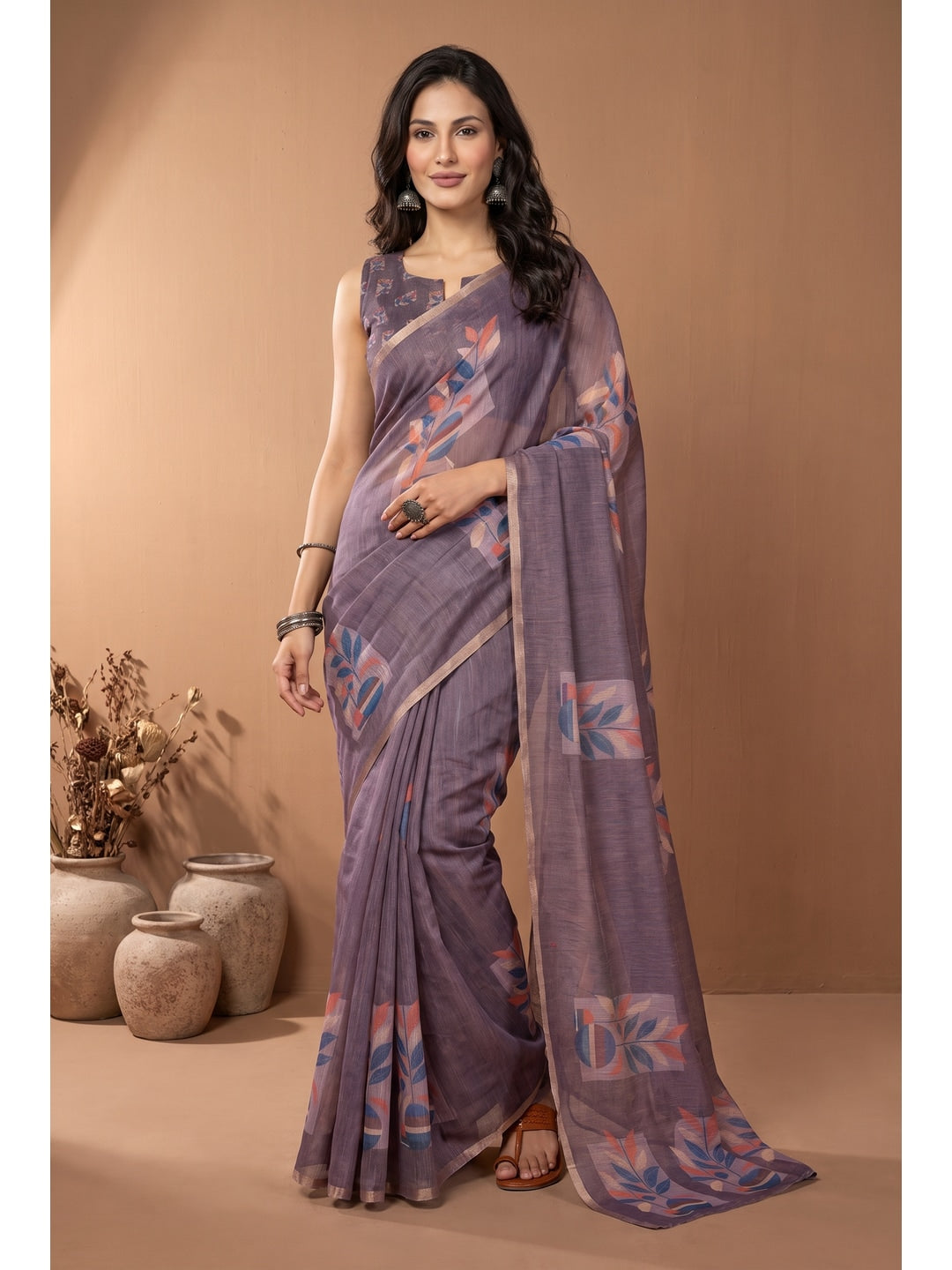 Peachmode Brown Digital Print Linen Saree - Image 1