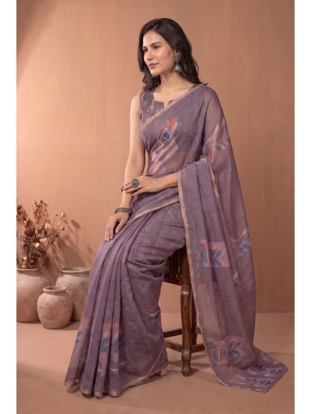 Peachmode Brown Digital Print Linen Saree - Image 2