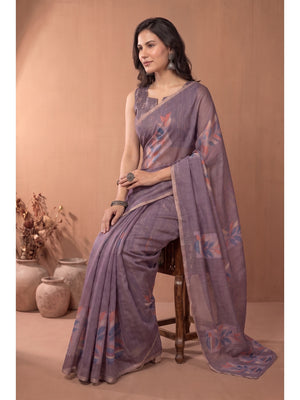 Peachmode Brown Digital Print Linen Saree - Image 2