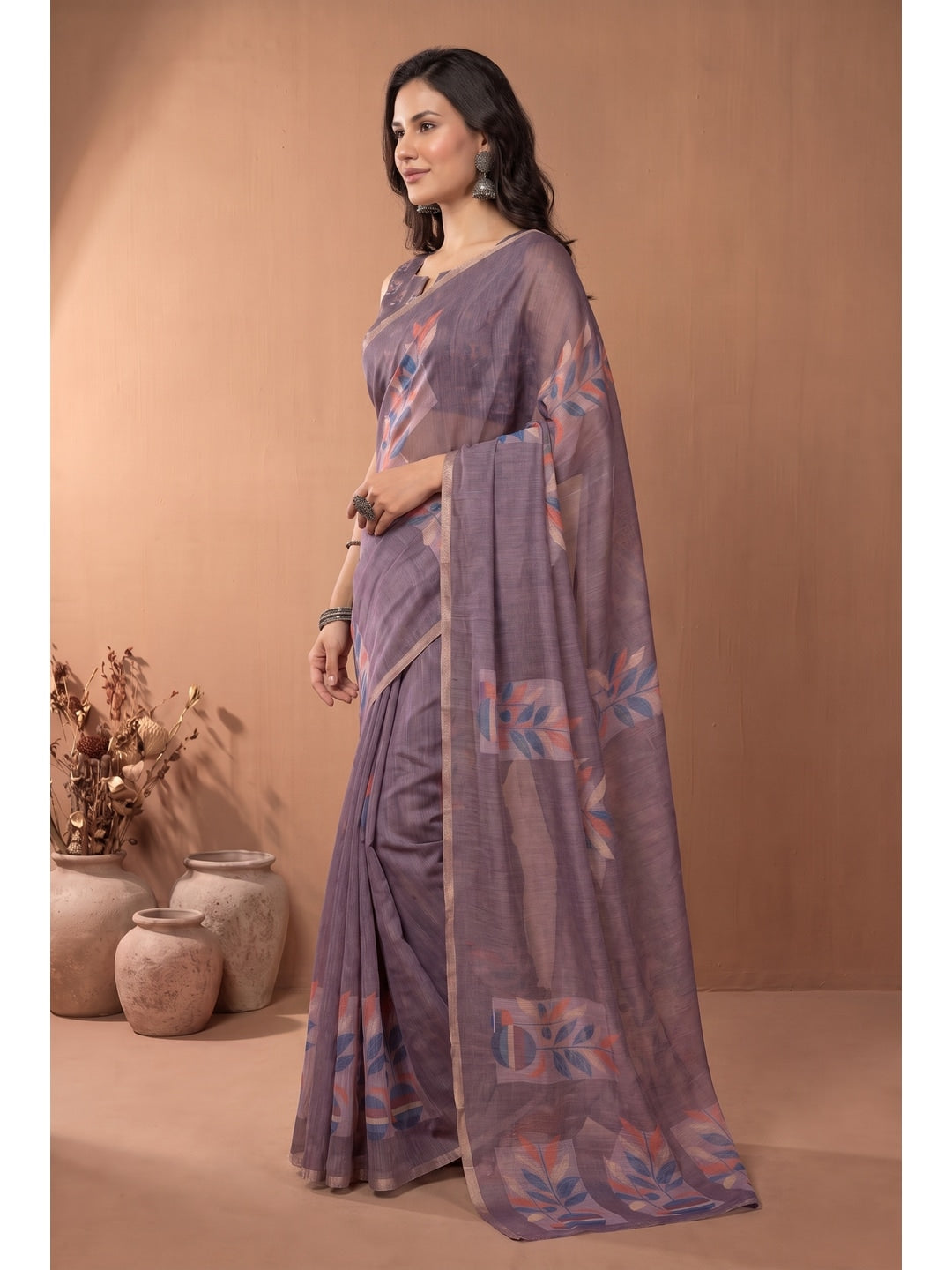 Peachmode Brown Digital Print Linen Saree - Image 3
