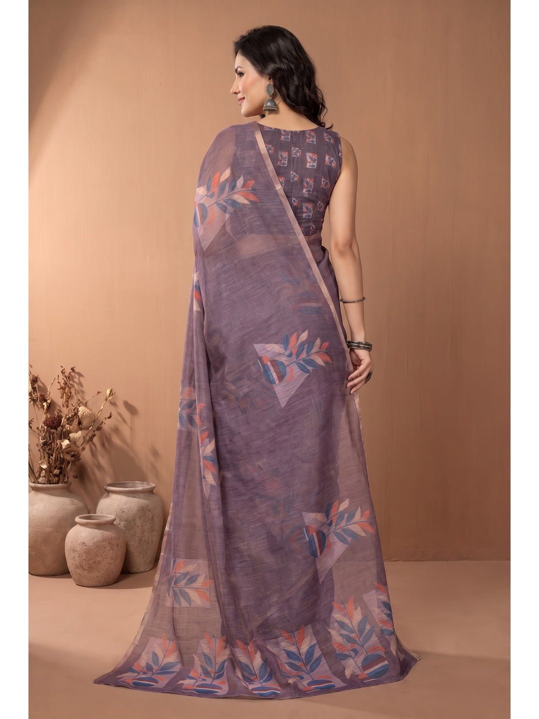 Peachmode Brown Digital Print Linen Saree - Image 4