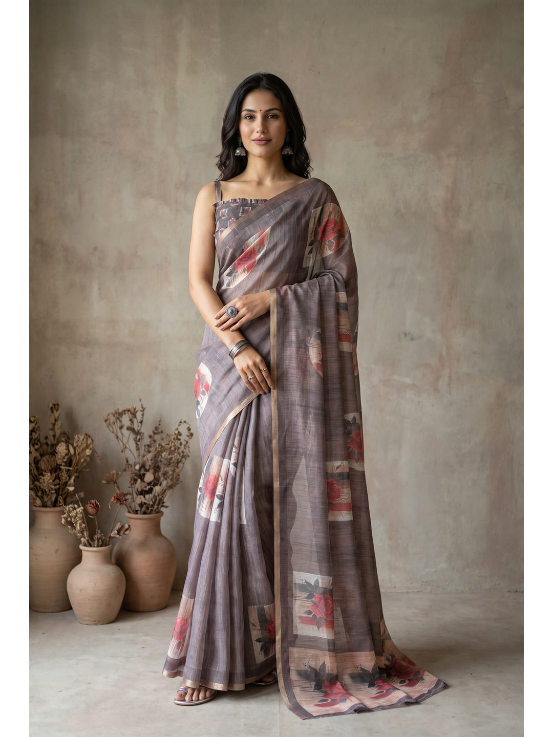 Peachmode Coffee Brown Floral Digital Print Linen Saree - Image 1