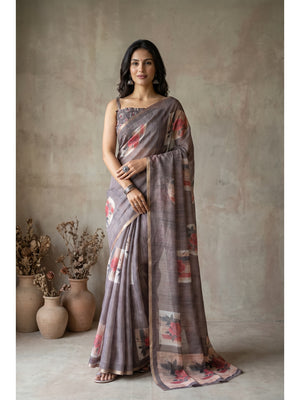 Peachmode Coffee Brown Floral Digital Print Linen Saree - Image 1