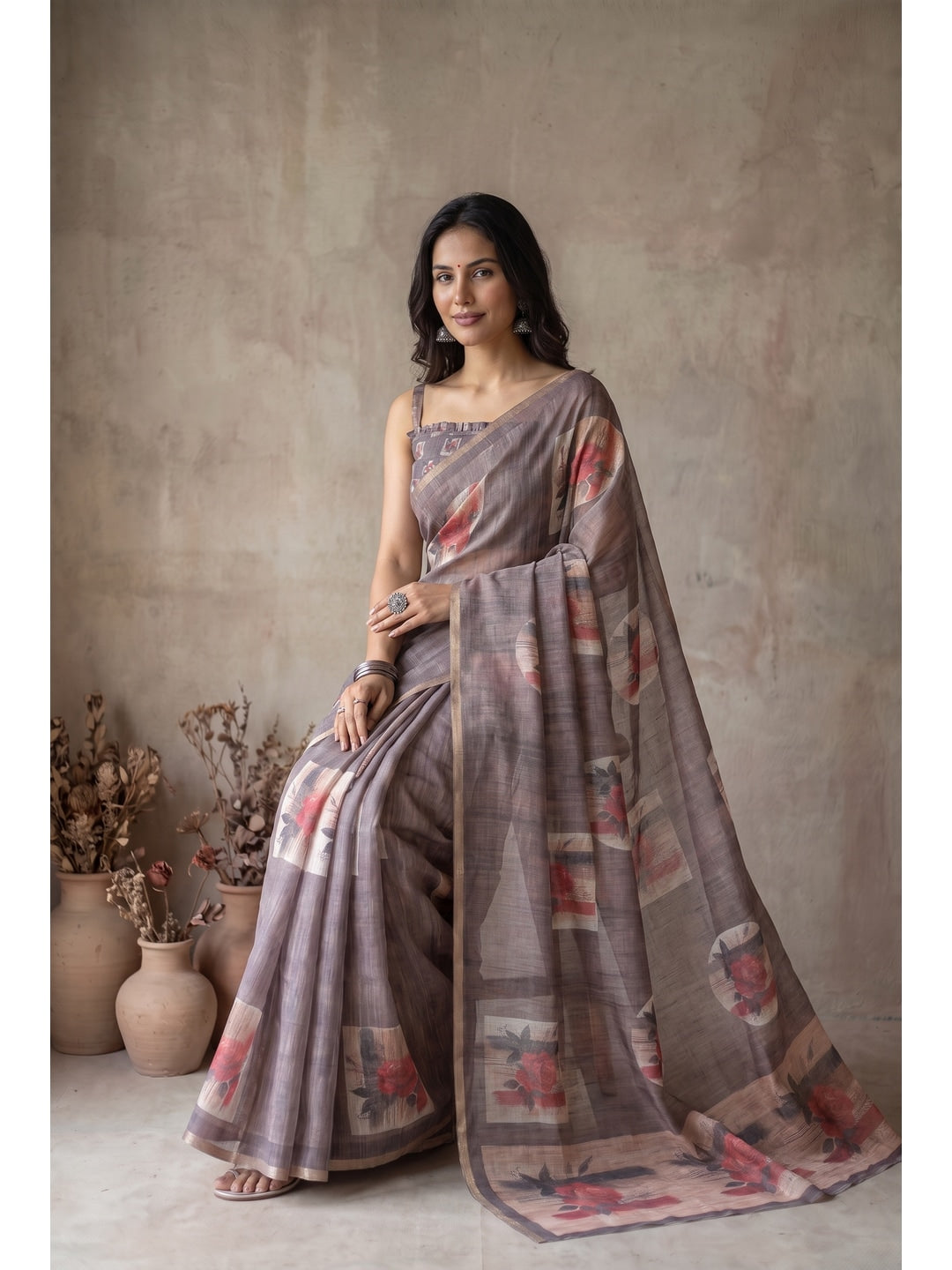 Peachmode Coffee Brown Floral Digital Print Linen Saree - Image 2