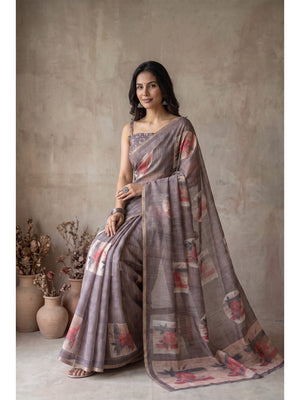 Peachmode Coffee Brown Floral Digital Print Linen Saree - Image 2