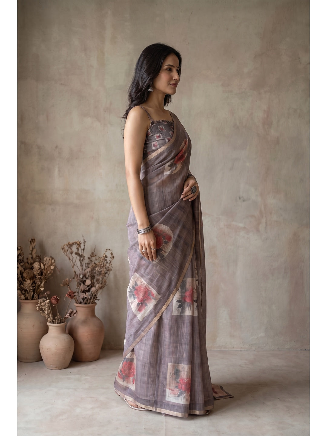 Peachmode Coffee Brown Floral Digital Print Linen Saree - Image 3