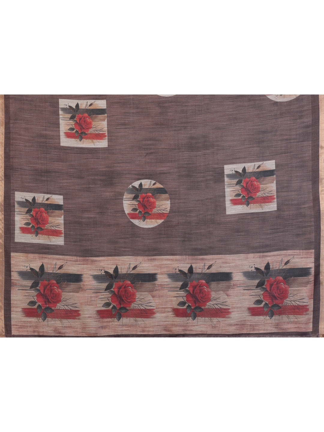 Peachmode Coffee Brown Floral Digital Print Linen Saree - Image 5