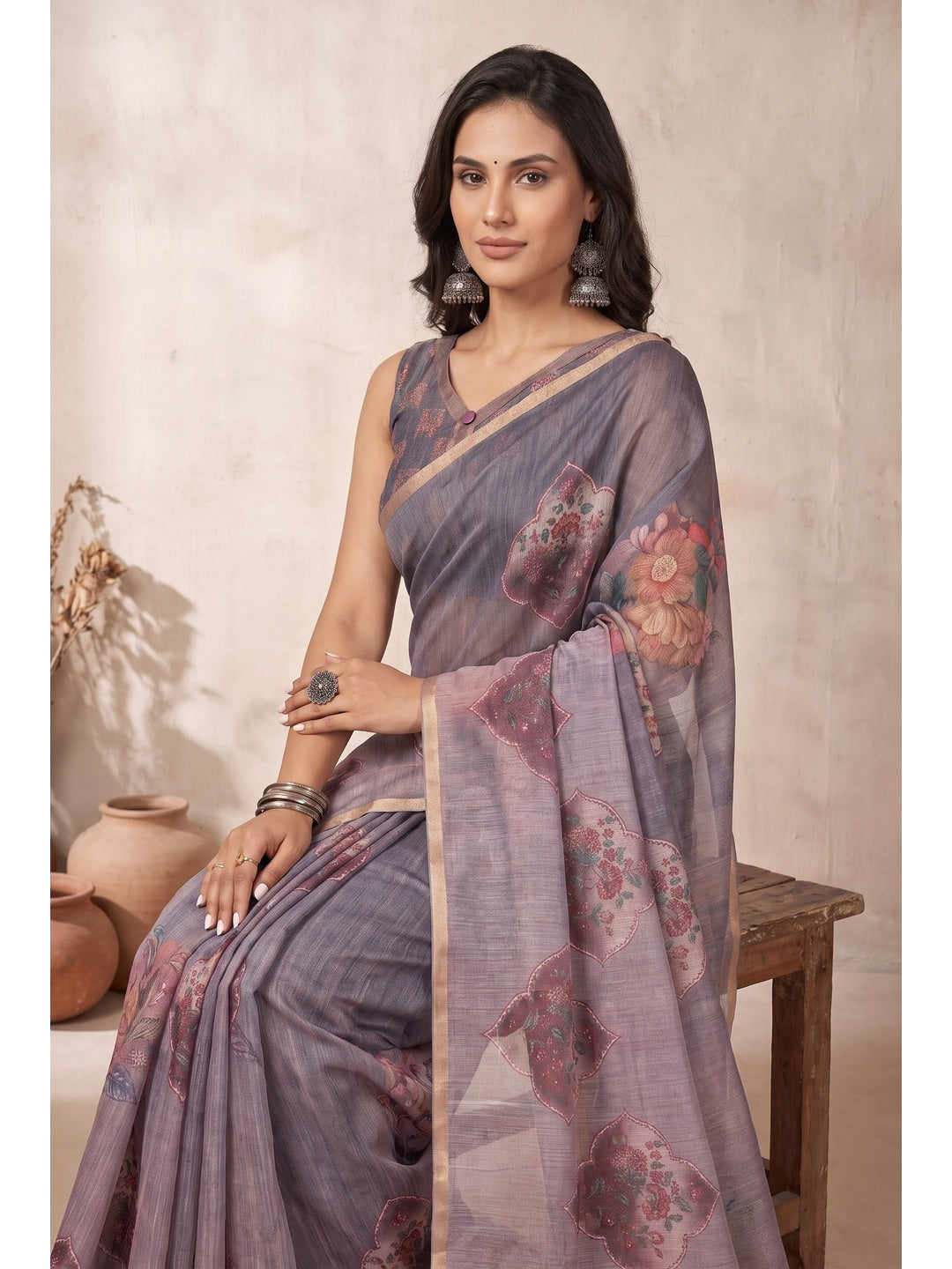 Peachmode Grey Floral Digital Print Linen Saree - Image 2