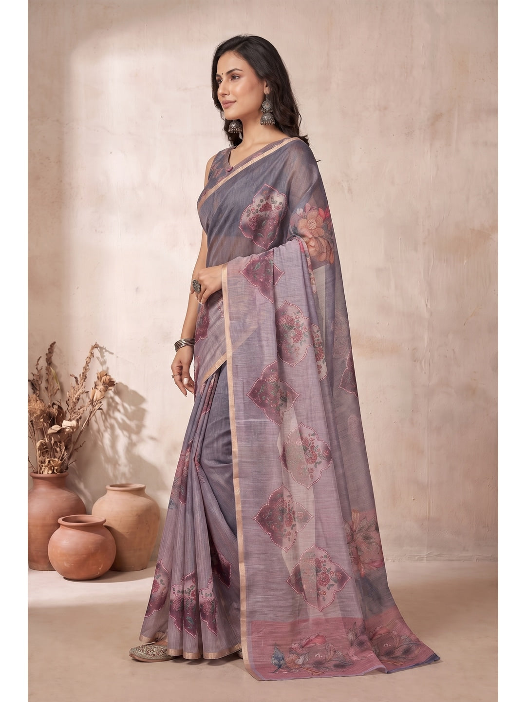 Peachmode Grey Floral Digital Print Linen Saree - Image 3