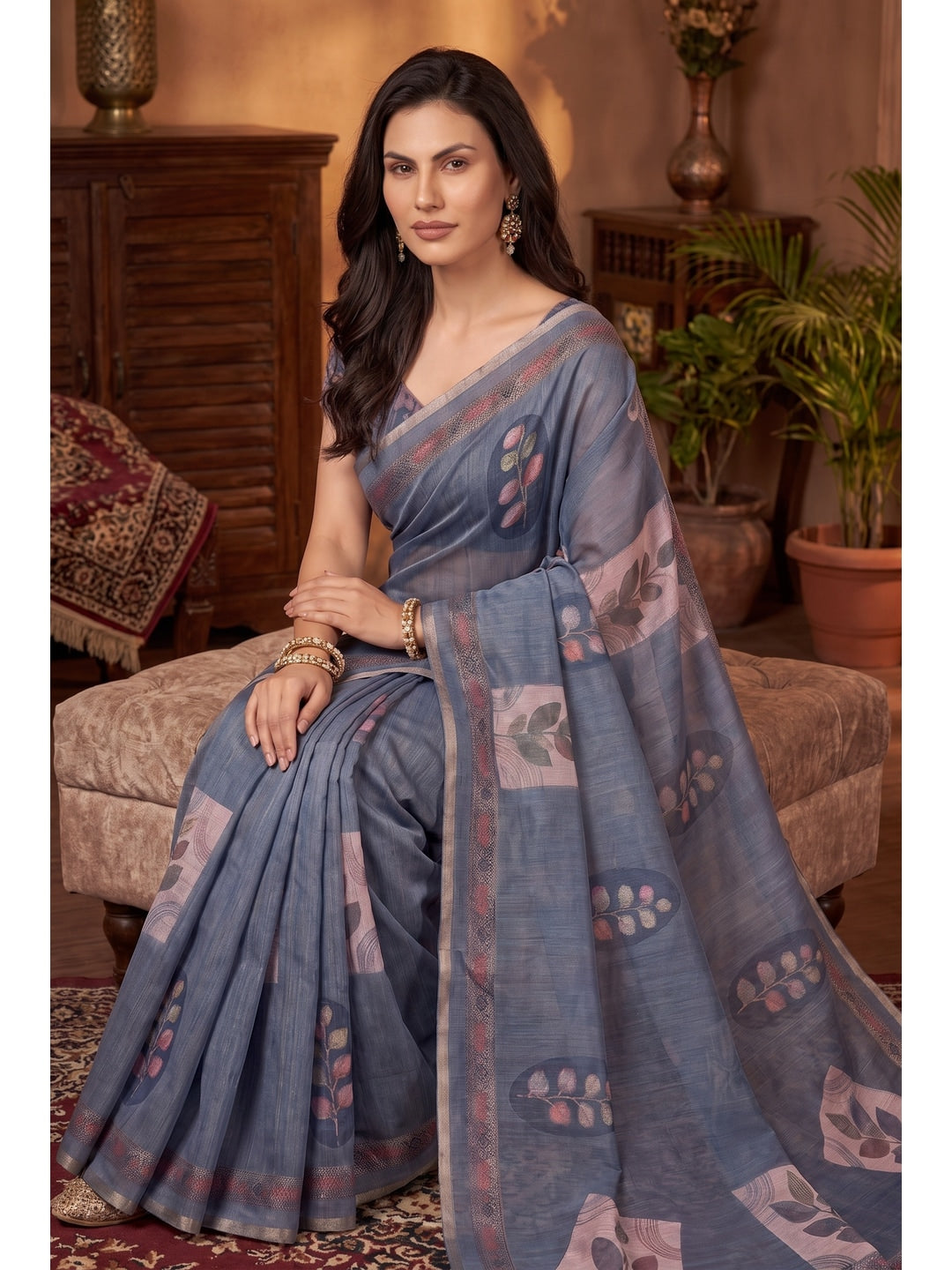 Peachmode Teal Blue Digital Print Linen Saree - Image 2