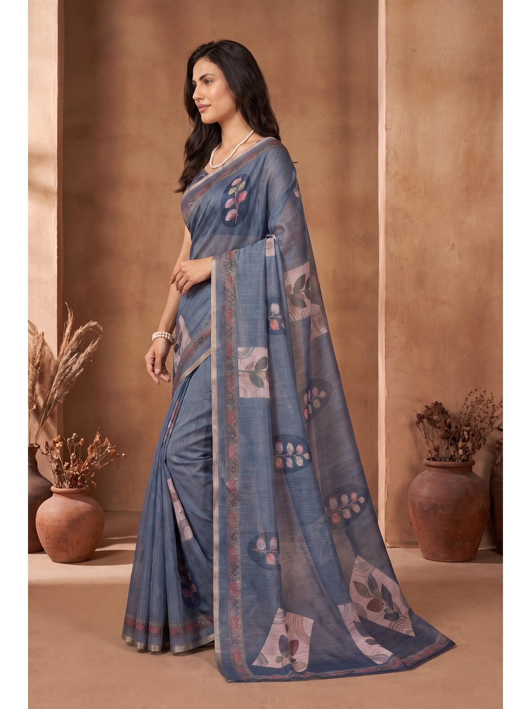 Peachmode Teal Blue Digital Print Linen Saree - Image 3