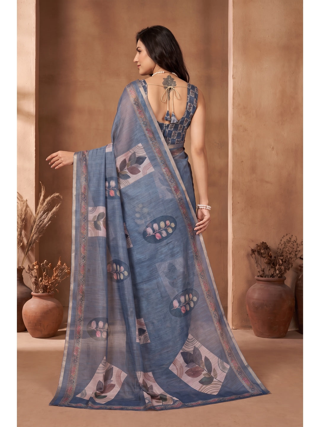 Peachmode Teal Blue Digital Print Linen Saree - Image 4