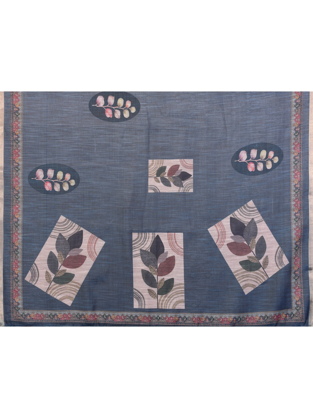 Peachmode Teal Blue Digital Print Linen Saree - Image 5