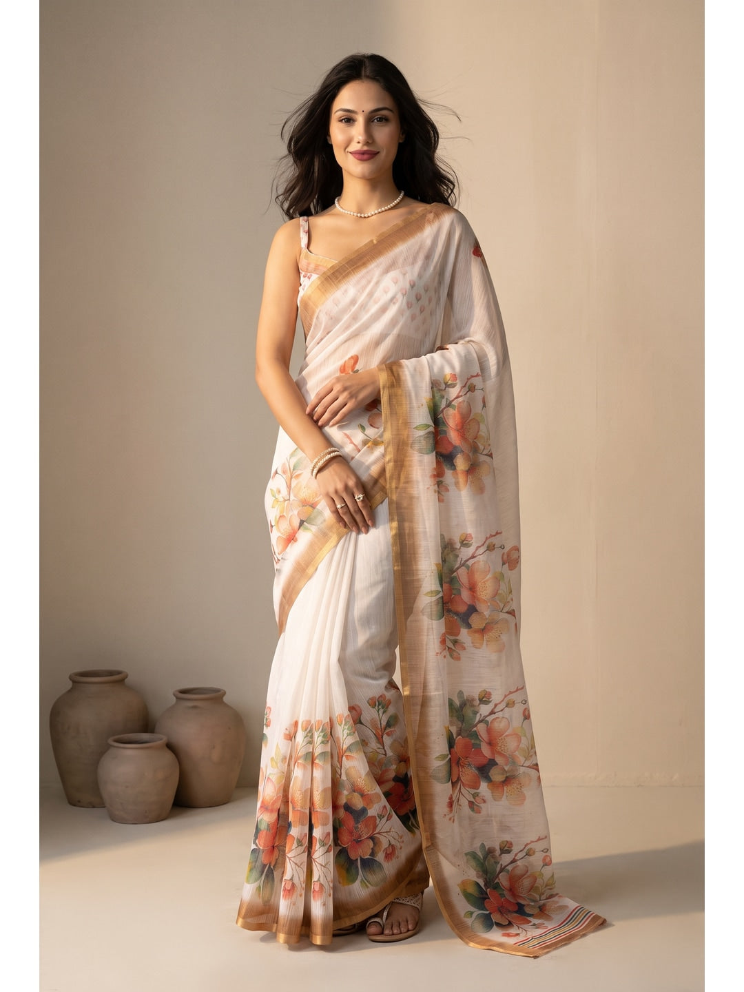 Peachmode Offwhite Floral Digital Print Linen Saree - Image 1