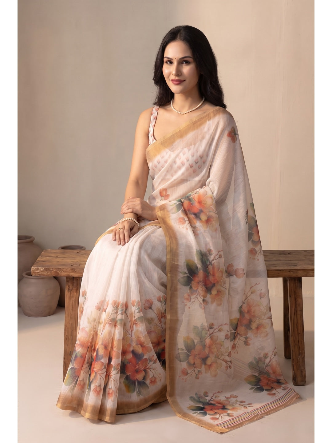 Peachmode Offwhite Floral Digital Print Linen Saree - Image 2