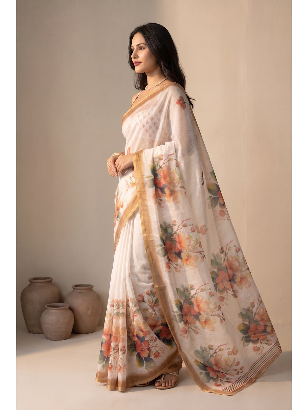 Peachmode Offwhite Floral Digital Print Linen Saree - Image 3