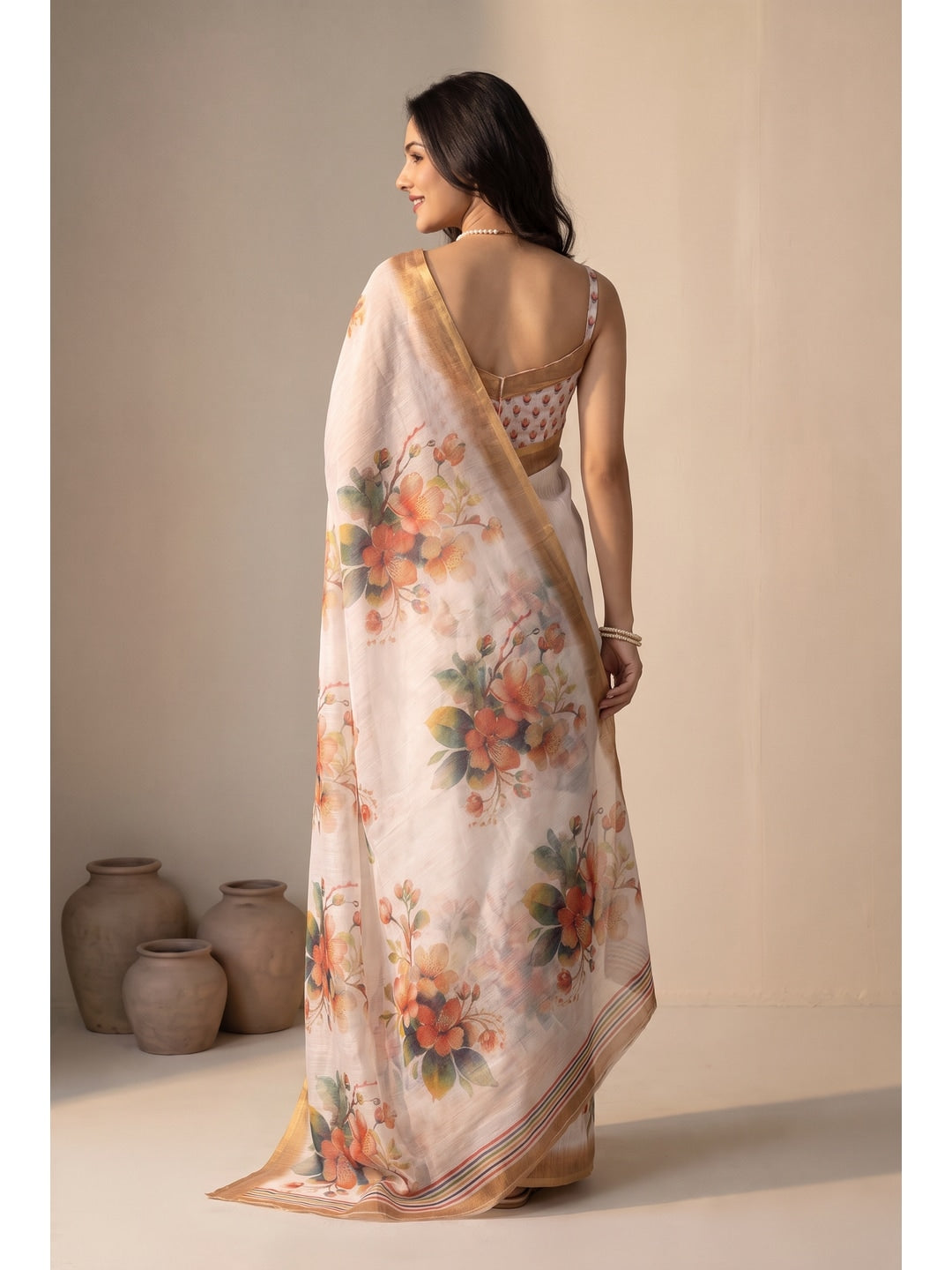 Peachmode Offwhite Floral Digital Print Linen Saree - Image 4