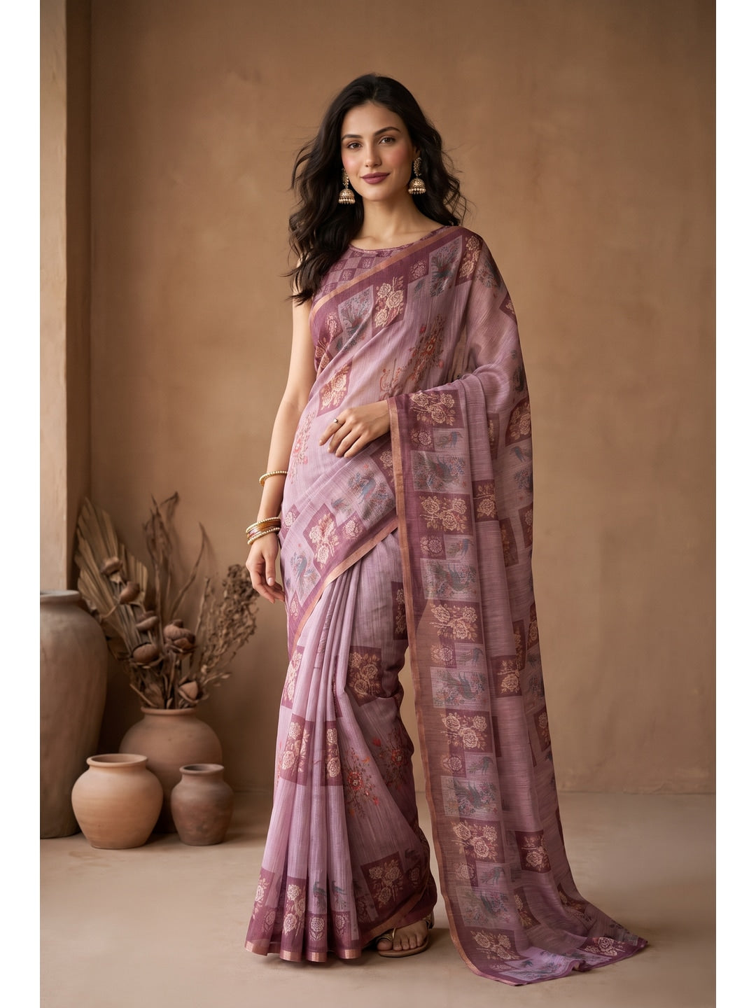 Peachmode Pink Digital Print Linen Saree - Image 1