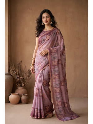 Peachmode Pink Digital Print Linen Saree - Image 1