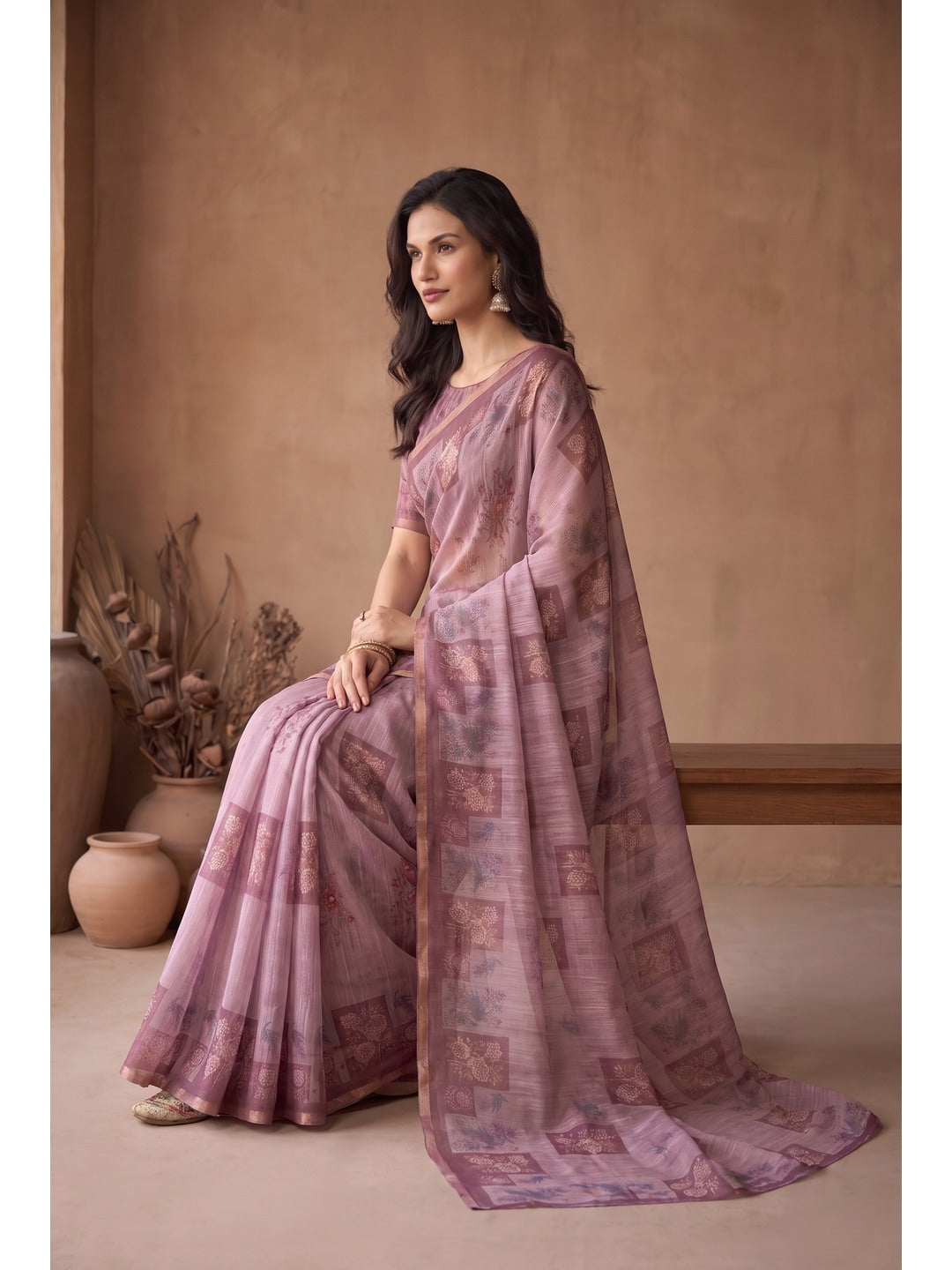 Peachmode Pink Digital Print Linen Saree - Image 2