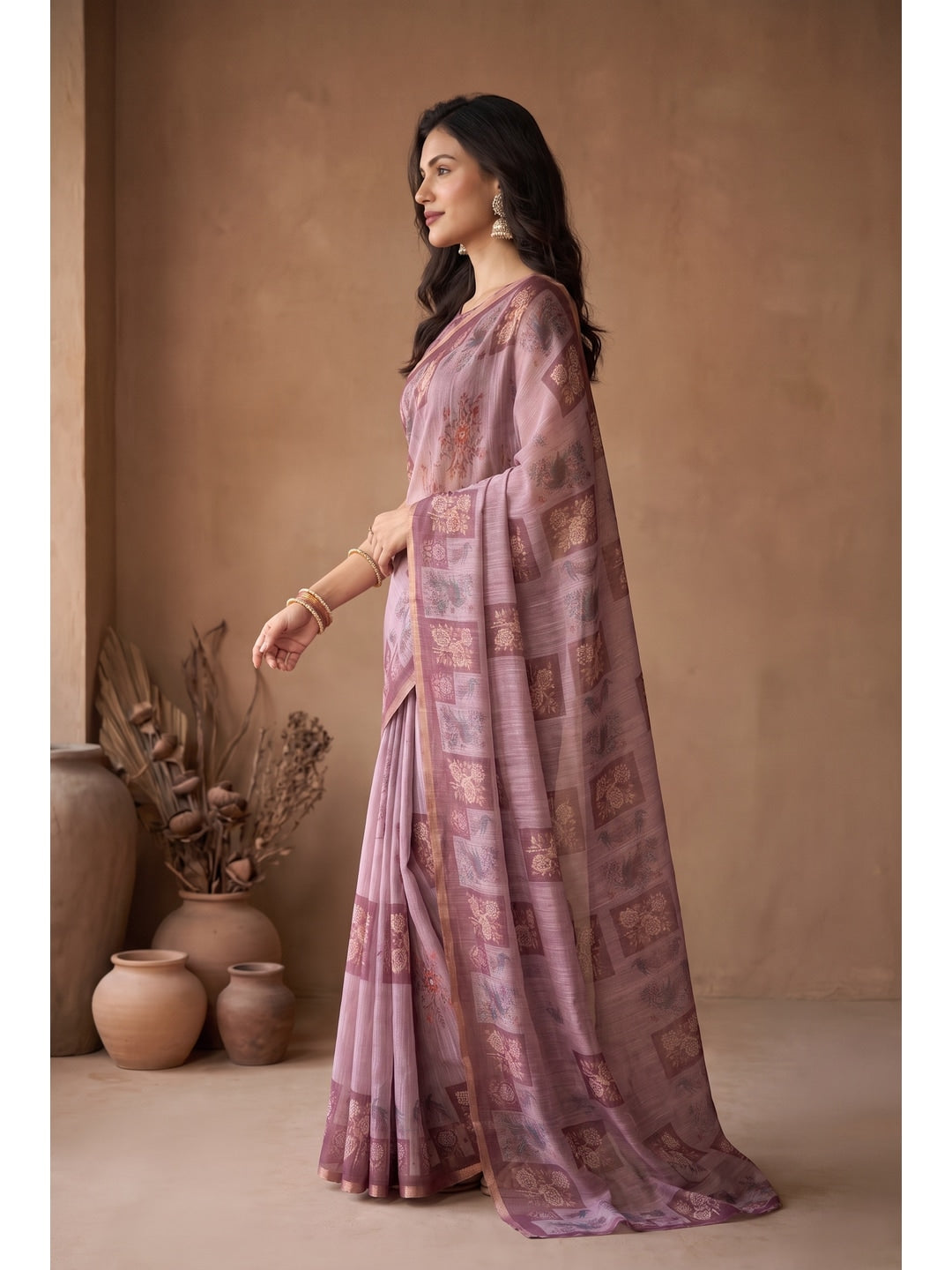 Peachmode Pink Digital Print Linen Saree - Image 3