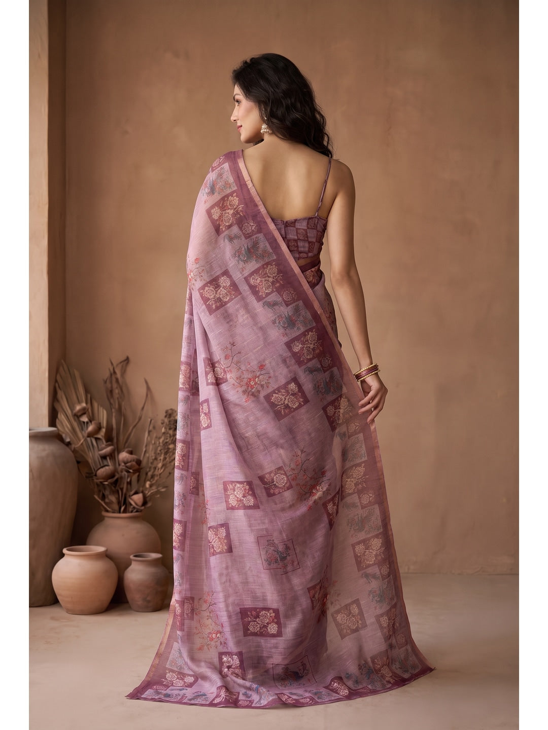 Peachmode Pink Digital Print Linen Saree - Image 4